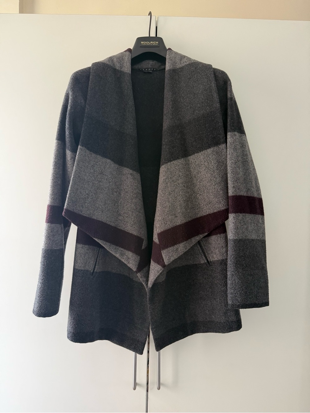 Theory Women’s Wool Blend Draped Open Front Coat Gray Plaid Petite TP